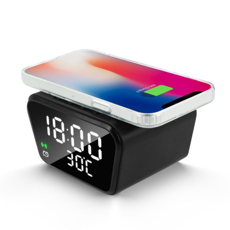 15W Wireless Charging Alarm Clock with Temperature Display Adjustable Brightness