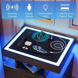 Nightstand with Wireless Charging Station, Auto Sensor Color Dimmable 