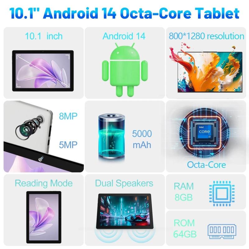 C10 Tablet 10.1 Inch Android 14 Phablet 8 GB RAM 32 GB ROM 1 TB TF Wid