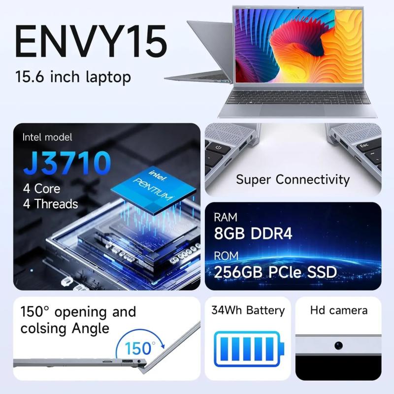 15.6 Inch Laptop J3710 8GB RAM 256GB SSD Windows 11 For Students And B