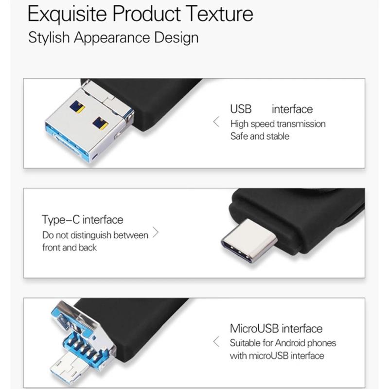 3PCS 3-in-1 USB Flash Drive 128GB 64GB 32GB 16GB 8GB, USB 2.0 High Spe