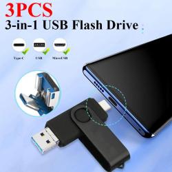 3PCS 3-in-1 USB Flash Drive 128GB 64GB 32GB 16GB 8GB, USB 2.0 High Spe