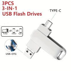 3PCS 3-in-1 USB Flash Drive 128GB 64GB 32GB 16GB 8GB, USB 2.0 High Spe