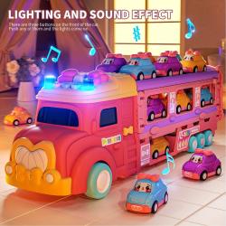 Kids Pink Truck Transporter Ejection Car Folding Track Racing Alloy Ve