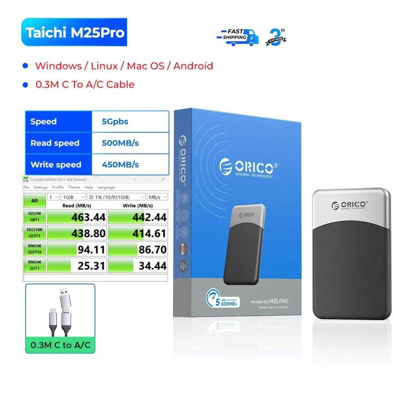 ORICO 2TB External SSD with 2 in 1 USB C Cable, Portable Solid State D