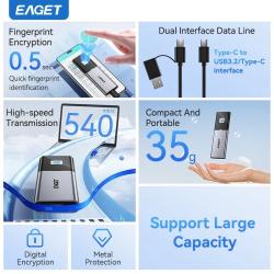 Eaget Fingerprint Encryption Portable SSD 1TB 2TB USB3.2 Type C Solid 