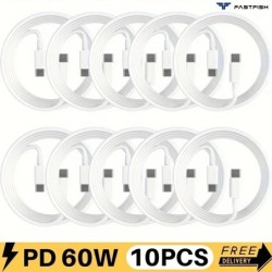 FastFish 10pcs 60W USB C Type-C Cable Fast Charger Cord 3ft for Androi