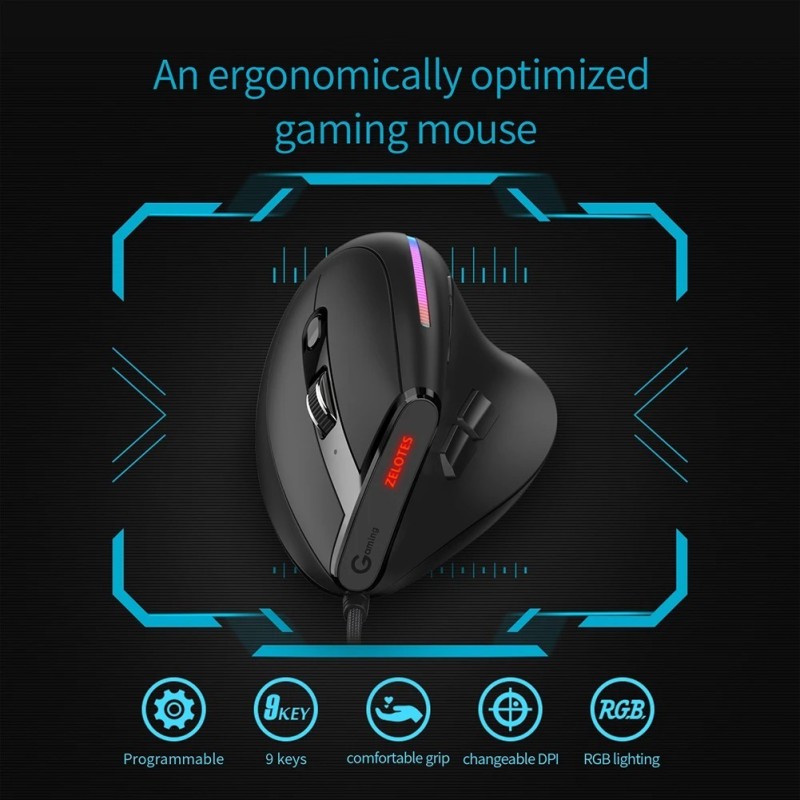 ZELOTES T-50 Vertical Gaming Mouse Ergonomic 9 Buttons USB Wired Verti ZELOTES T-50 Vertical Gaming Mouse Ergonomic 9 Buttons USB Wired Verti