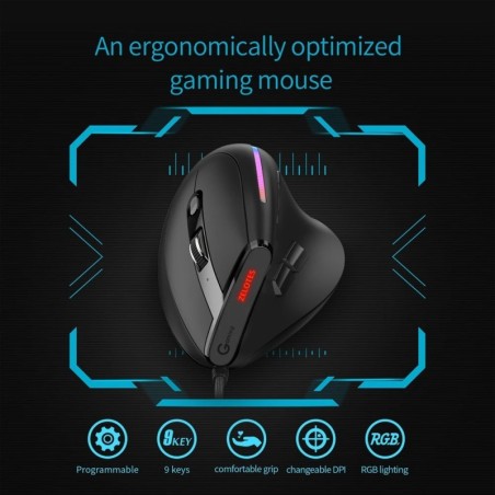 ZELOTES T-50 Vertical Gaming Mouse Ergonomic 9 Buttons USB Wired Verti