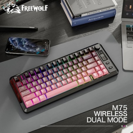 FREEWOLF M75 Screen Keyboard Wireless with Metal Knob,Bluetooth Dual M