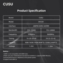 CUSU DDR4 3200MHz 3600MHz Ram Memory DDR4 16GB 16GBX2 XMP2.0 1.35V 288