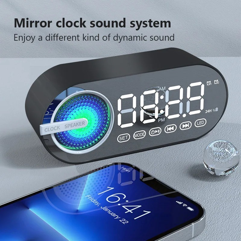 Quiet Wireless Bluetooth Speaker Alarm Clock RGB TWS USB LED Mirror Di