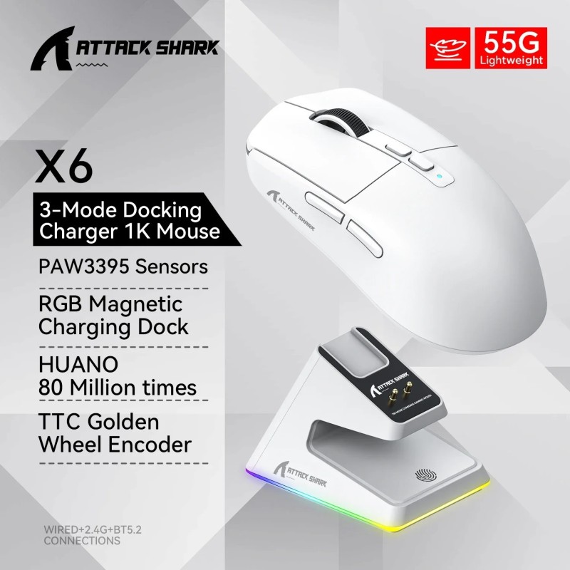 Attack Shark X6 PixArt PAW3395 Mouse , Bluetooth Tri-Mode Connection, 