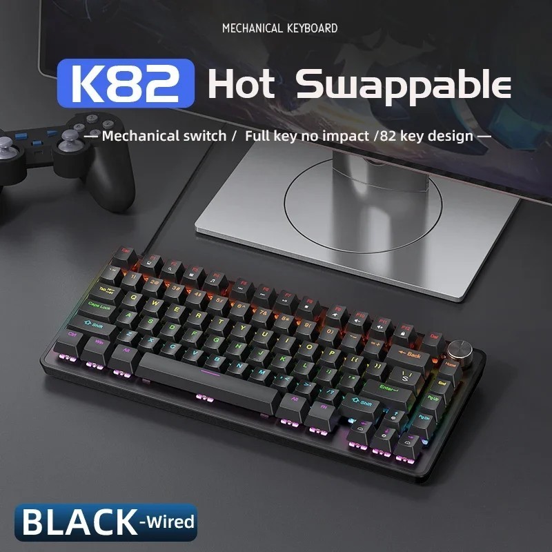 K82 Multifunctional Knob Wired Mechanical Keyboard,82 Keys,Full Key Ho