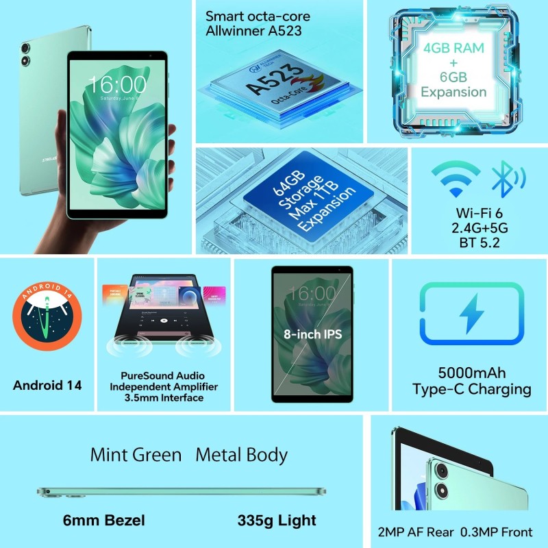 Teclast Tablet P85T 8 Inch IPS Android 14 Max 10GB4GB+6GB Expansion RA
