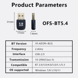 OPTFOCUS USB Bluetooth 5.4 Adapter 7 devices 20 meters Adaptador Recep